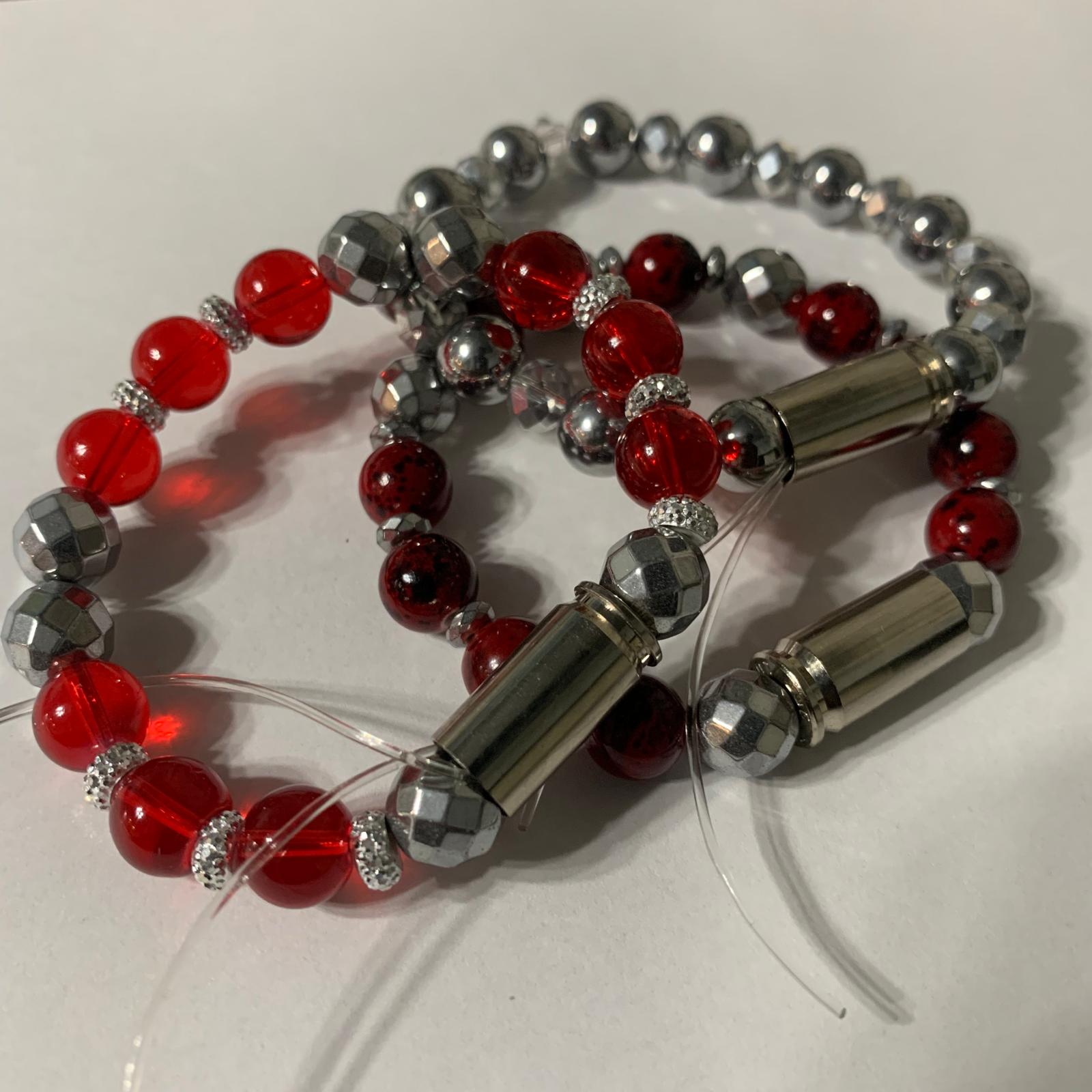 Bullets4Life red and silver bead bracelet with bullet casing